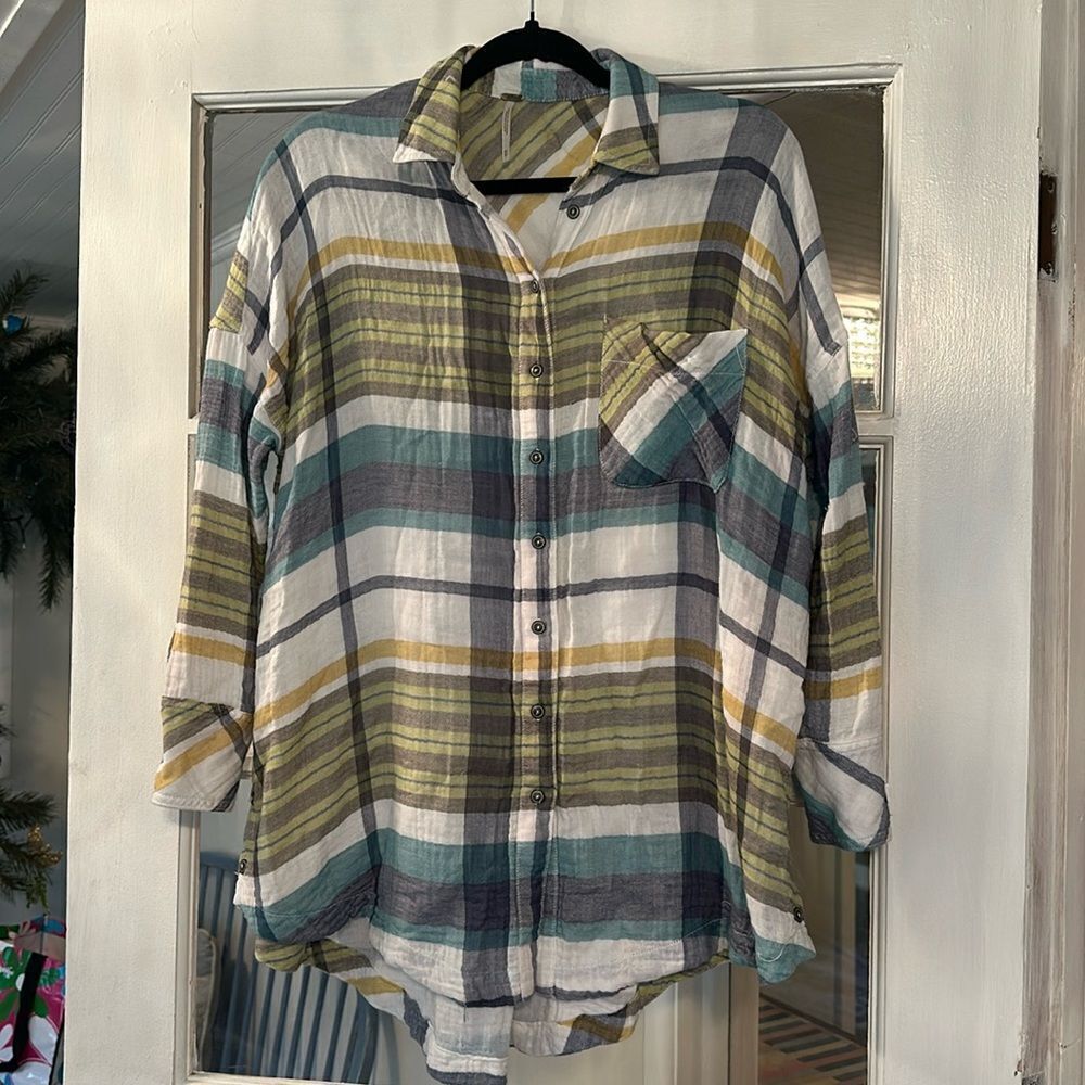 Free People Oversized Plaid Button Down Gauze Material Shirt